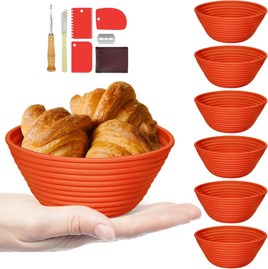Silicone Banneton, Sourdough Bread Baskets (Set of 6, 5 Inch), Round Proofing Bread Bowls with Starter Kit, Bread Making Baking Supplies