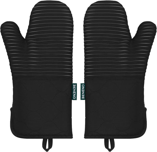 Beneno Kitchen Oven Mitts 2-Pack Heat Resistant to 500°F with Non-Slip Silicone Grip, Extra Long 14.3" Forearm Protection, Soft Quilted Cotton Terry Lining, Ideal for Cooking, Baking, Grilling, Black