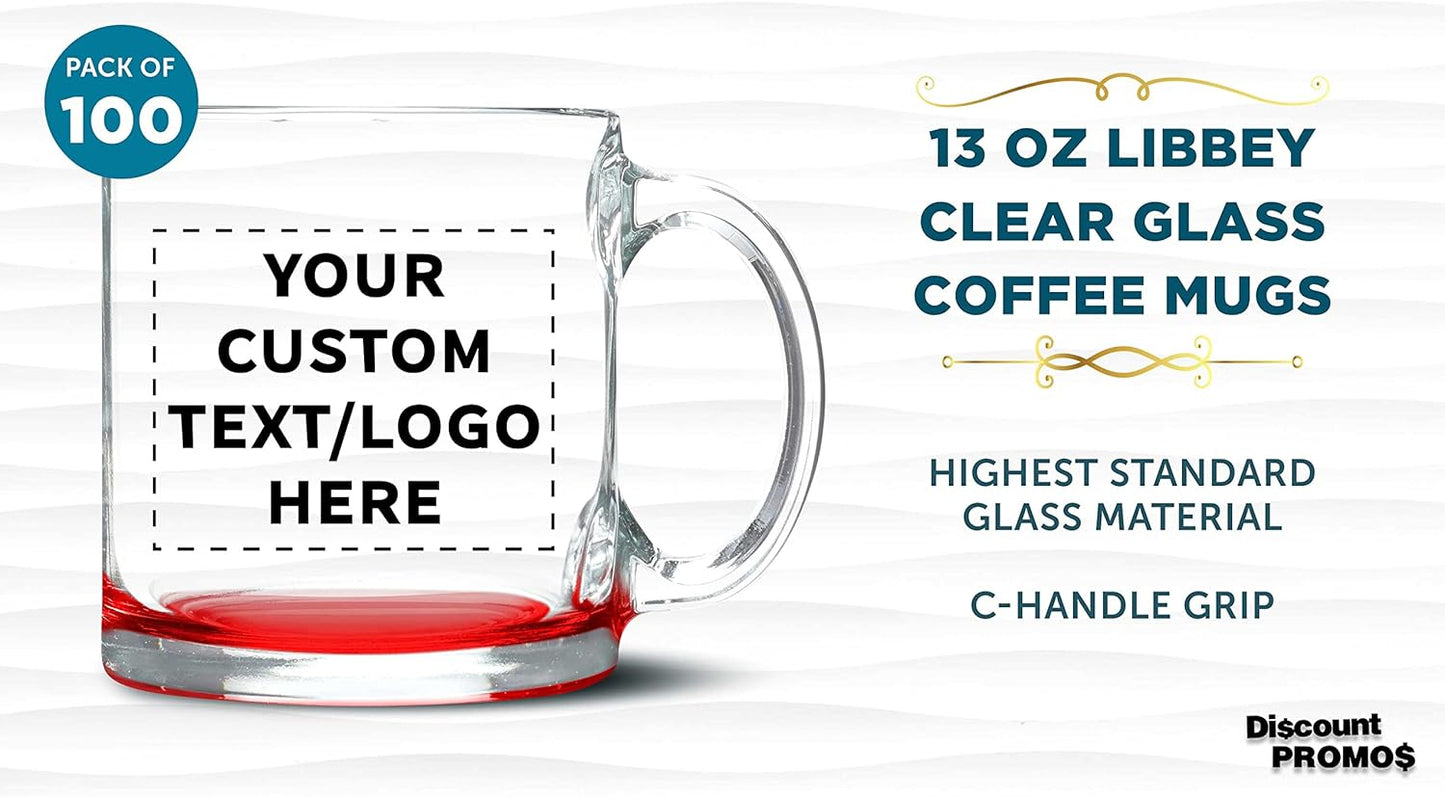 Custom Libbey Clear Glass Coffee Mugs 13 oz. Set of 100, Personalized Bulk Pack - Perfect for Coffee, Tea, Espresso, Hot Cocoa, Other Beverages - Red Bottom