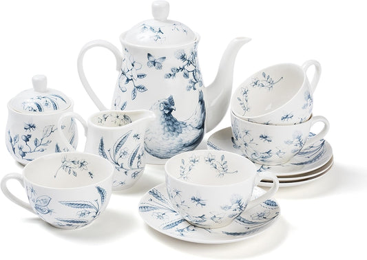 11-Piece Blue & White Collectible Chicken Floral Pattern Tea Set with Giftbox