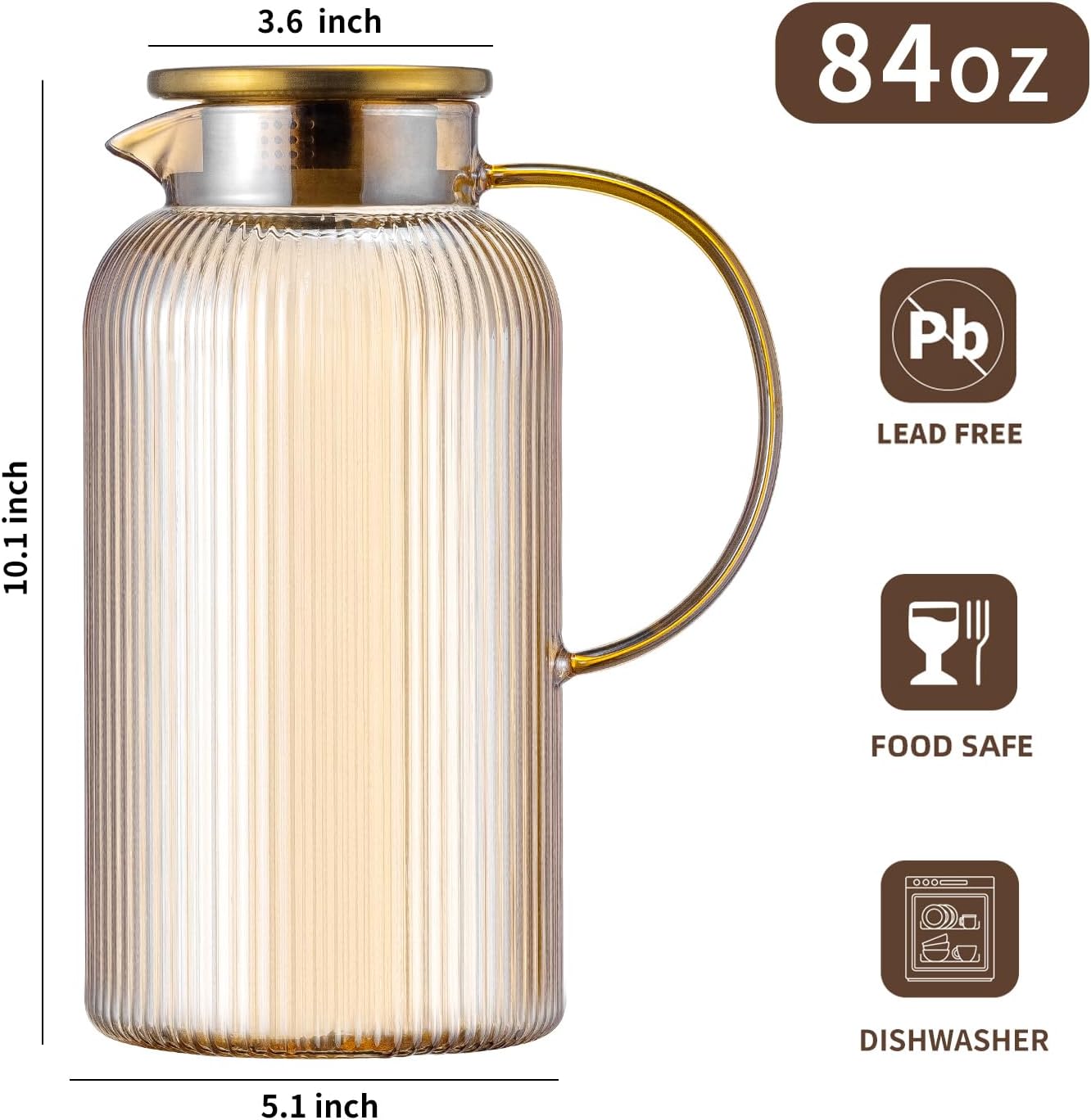 Glass Pitcher with Lid, 2 PACK 84 oz/ 2.5 Liter Amber Classic Vertical Stripes Water Pitcher,Glass Water Carafe for Cold Brew, Coffee, Lemonade, Iced Sun Tea,Beverage, Milk, Heat Resistant