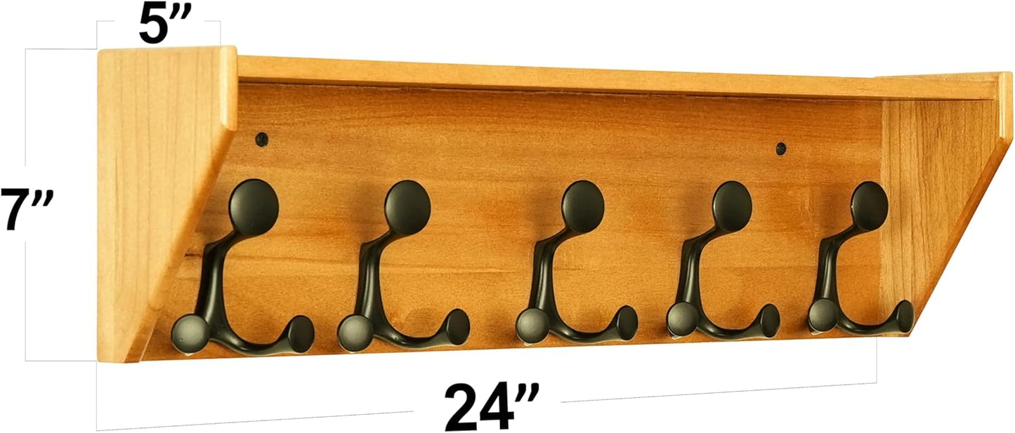 SKOLOO Wall Shelf with Hooks, 24-Inch Brown Coat Rack Wall Mount with Shelf Organizer - Lightweight & Sturdy, 5 Tri Hooks - Perfect for Entryway, Hallway, Living Room, Bedroom, Mudroom