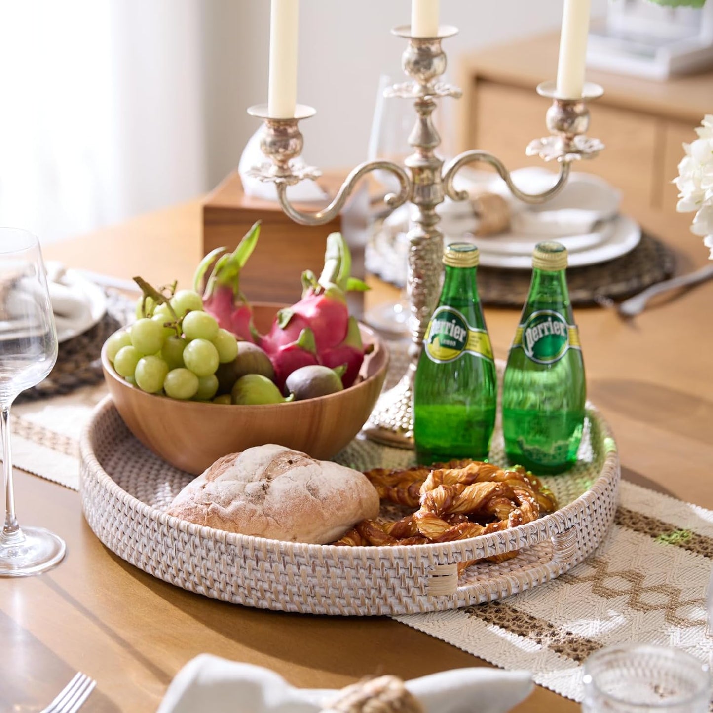 16.9 inch Round Rattan Tray, Woven Large Serving Tray with Handles, Wicker Serving Basket, Coffee Table Decor for Living Room, Whitewash