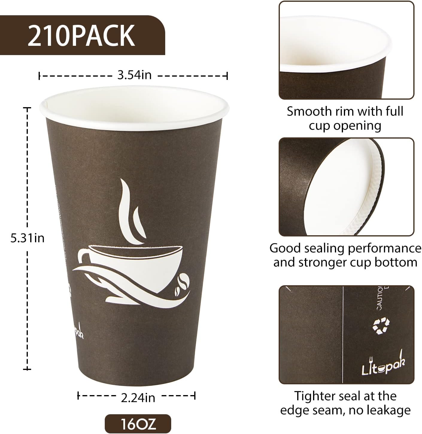 LITOPAK 210 Pack 16 oz Paper Cups, Brown Disposable Hot Coffee Cups for Party, Picnic, Travel, and Events