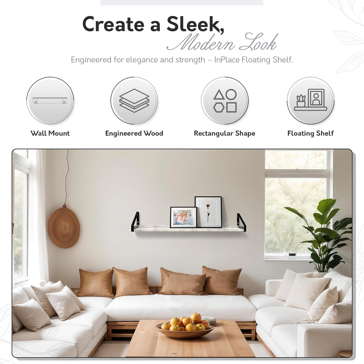 InPlace Wall Mounted Shelf, 36" x5" x 6.1", Rustic Real Wood Bracket Ledge, Distressed White Finish, Heavy-Duty Floating Shelf for Living Room, Bathroom, or Kitchen 9602098E