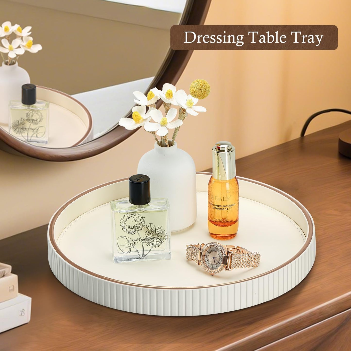 GORESE Round Decorative Serving Tray for Coffee Table Decor, 12" PU Leather Table Centerpiece Home Decor, Valet Tray for Trinket Jewelry Perfume Key, Ottoman Tray Nightstand Organizer, Cream White