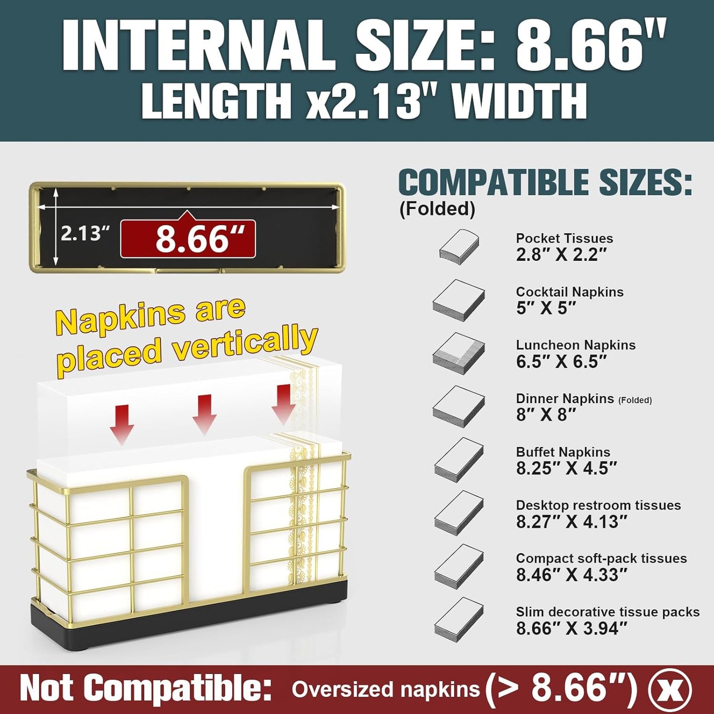 Wican Vertical Stance Bathroom Napkin Holder Takes Up Less Space for Small Guest Bathroom Oak and Iron Towel Tray for Powder Room Wooden Basket for Disposable Paper Hand Towels Golden and Black