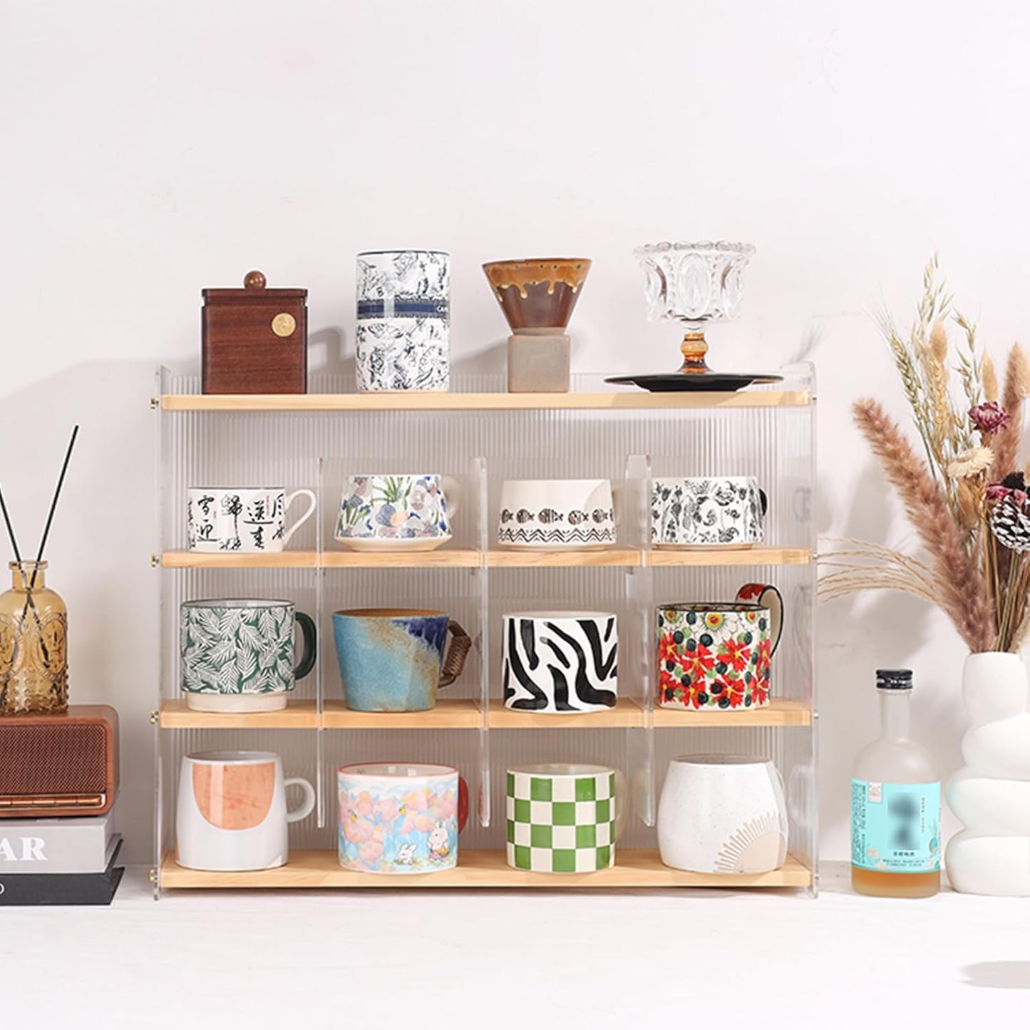 Coffee Mug Holder Wooden Cup Station Organizer 4-Tier Cup Holder for Coffee Bar Mug Display Rack for Countertop Mug Holder Shelf for Home Kitchen Pine Wood