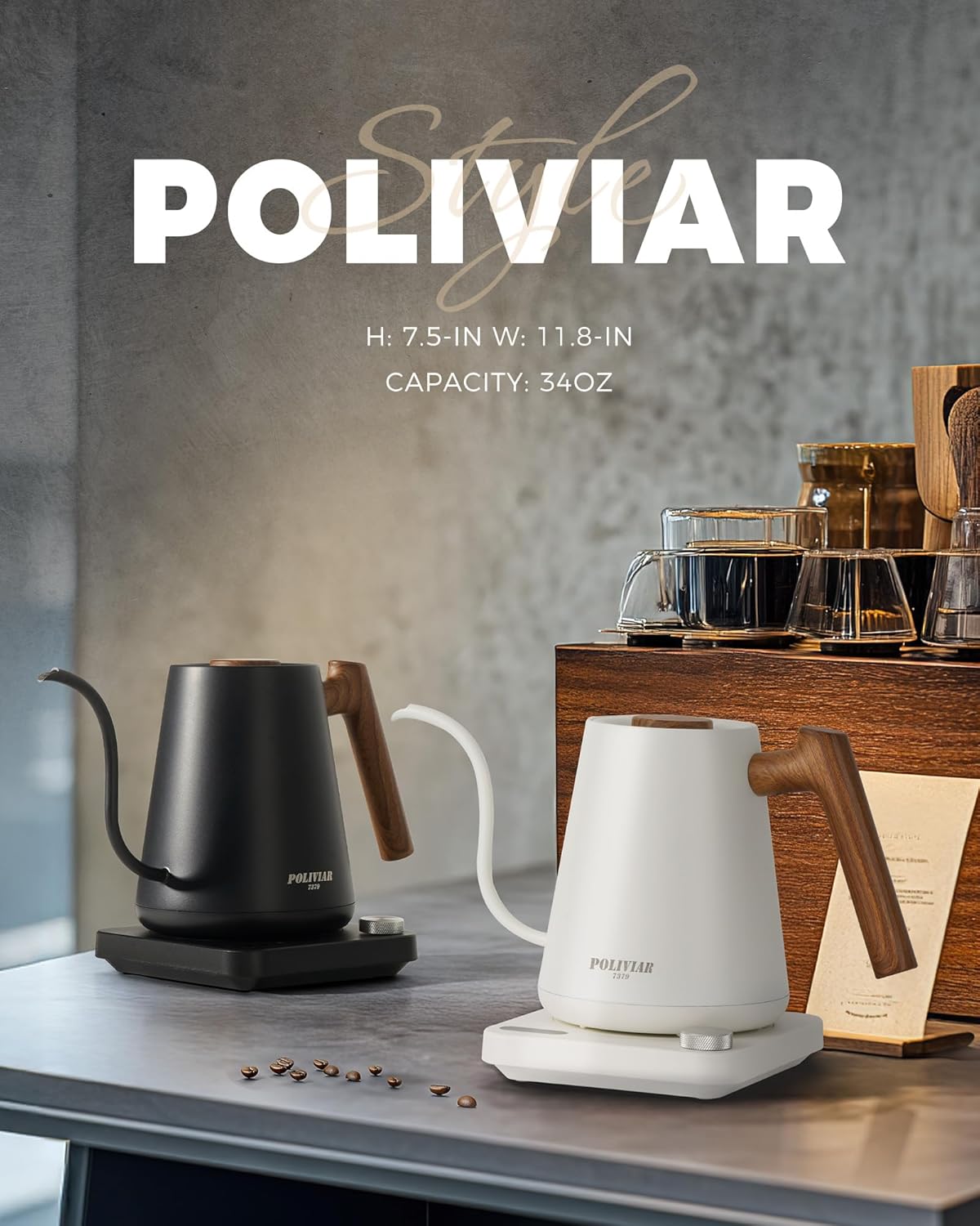 POLIVIAR Electric Gooseneck Kettle, 1350W Electric Tea Kettle Wood Pattern Handle, 34oz Pour Over Electric Kettle for Coffee & Tea, 18/8 Stainless Steel Inner, Temperature Control & Rapid Heating