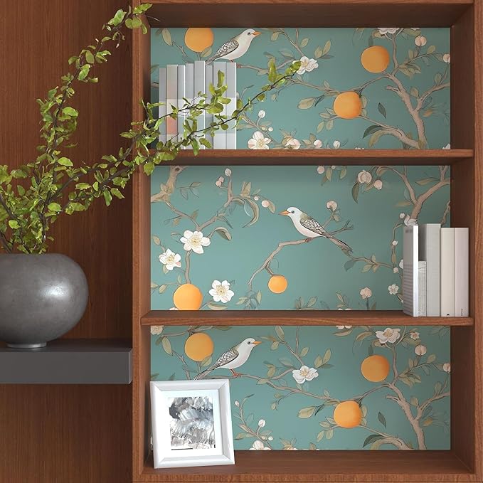 Green Floral Wallpaper Peel and Stick, Birds & Orange Fruits Contact Paper - Image 5