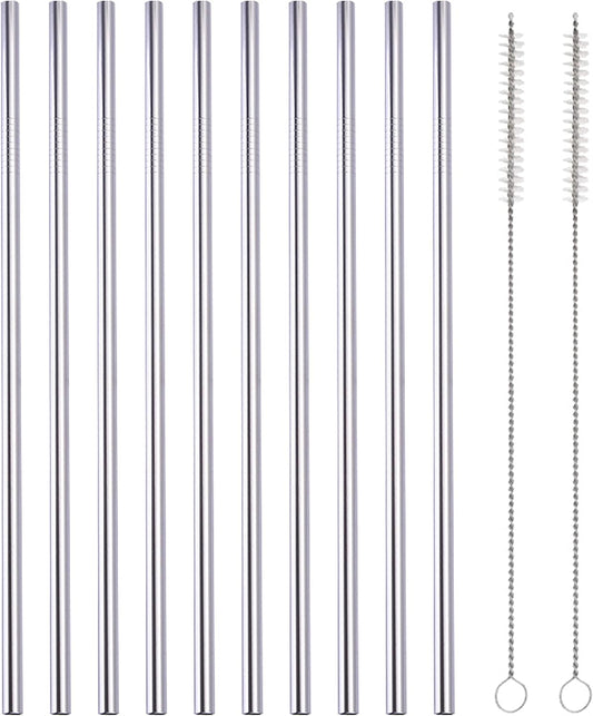 10 Pcs Stainless Steel Straws, Reusable Drinking Straws, Straight Metal Straw Sets with 2 Pcs Cleaning Brushes (8.5 Inch, Silver)