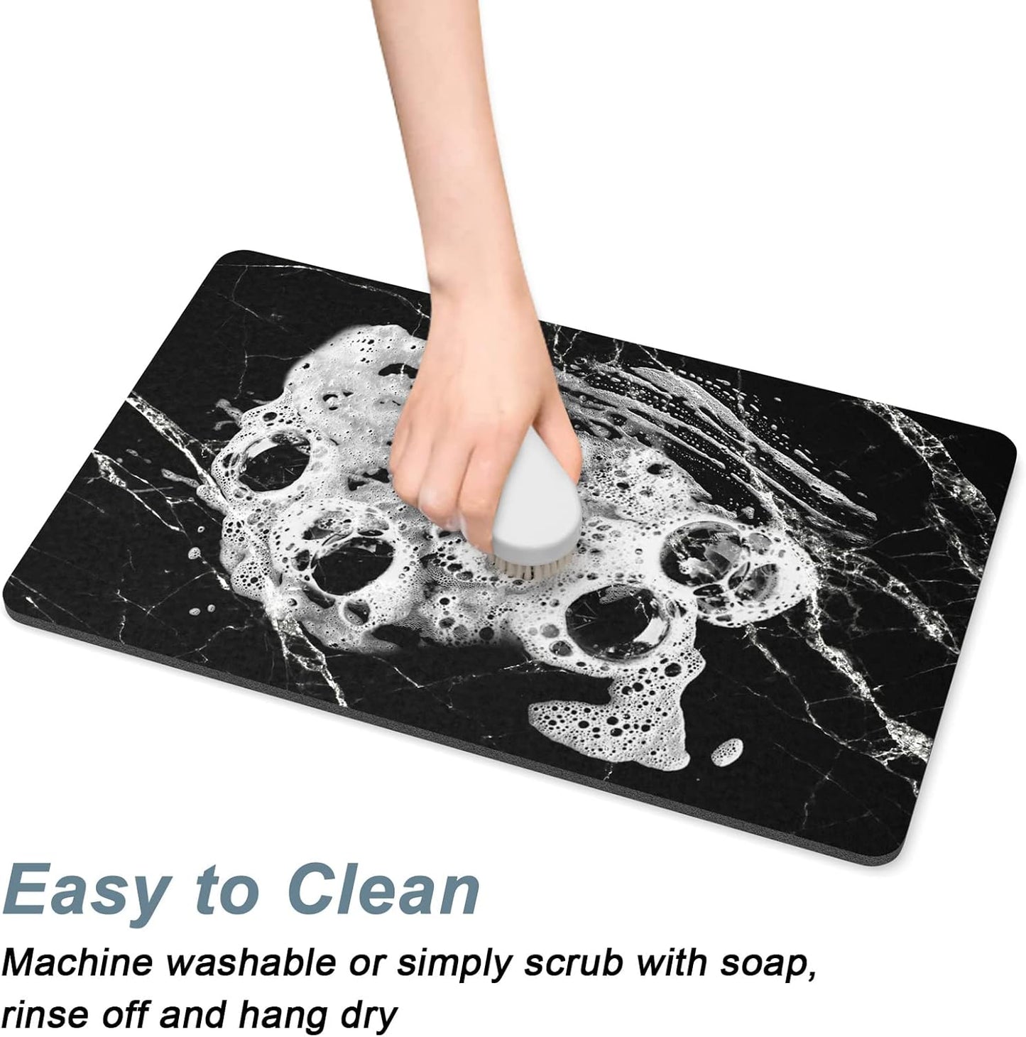 Rnivvi Coffee Mat, 12" x 19" Cute Marble Style Coffee Bar Mats for Espresso Machine Station Accessories and Organizer, Hide Stain Rubber Backed Absorbent Dish Drying Pad for Kitchen Counter, Black