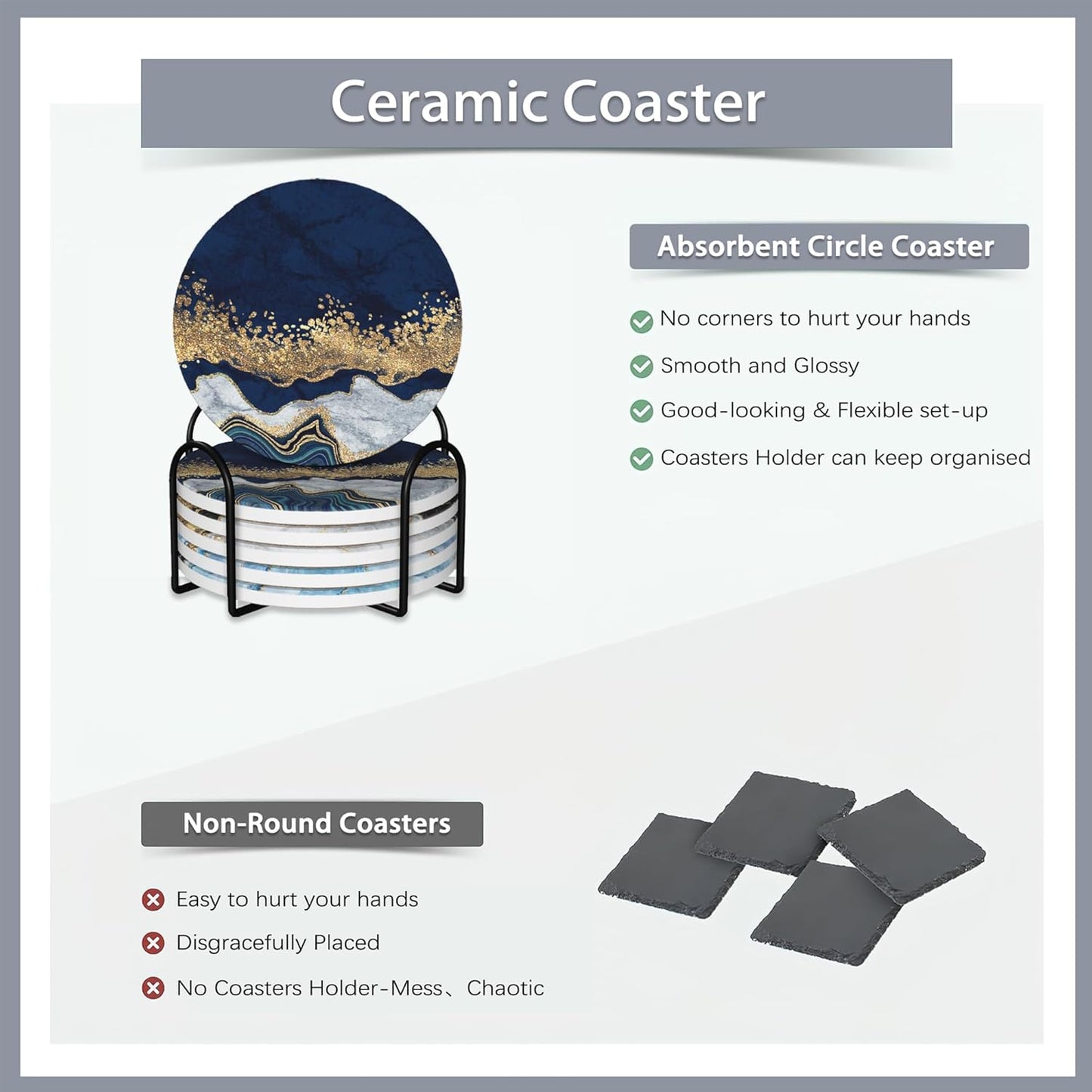 6 Pcs Coasters for Drinks with Holder,Blue Gold Marble Absorbent Coaster with Cork Backing,Great Gift for Housewarming,Room Decor,Bar,Holiday Party