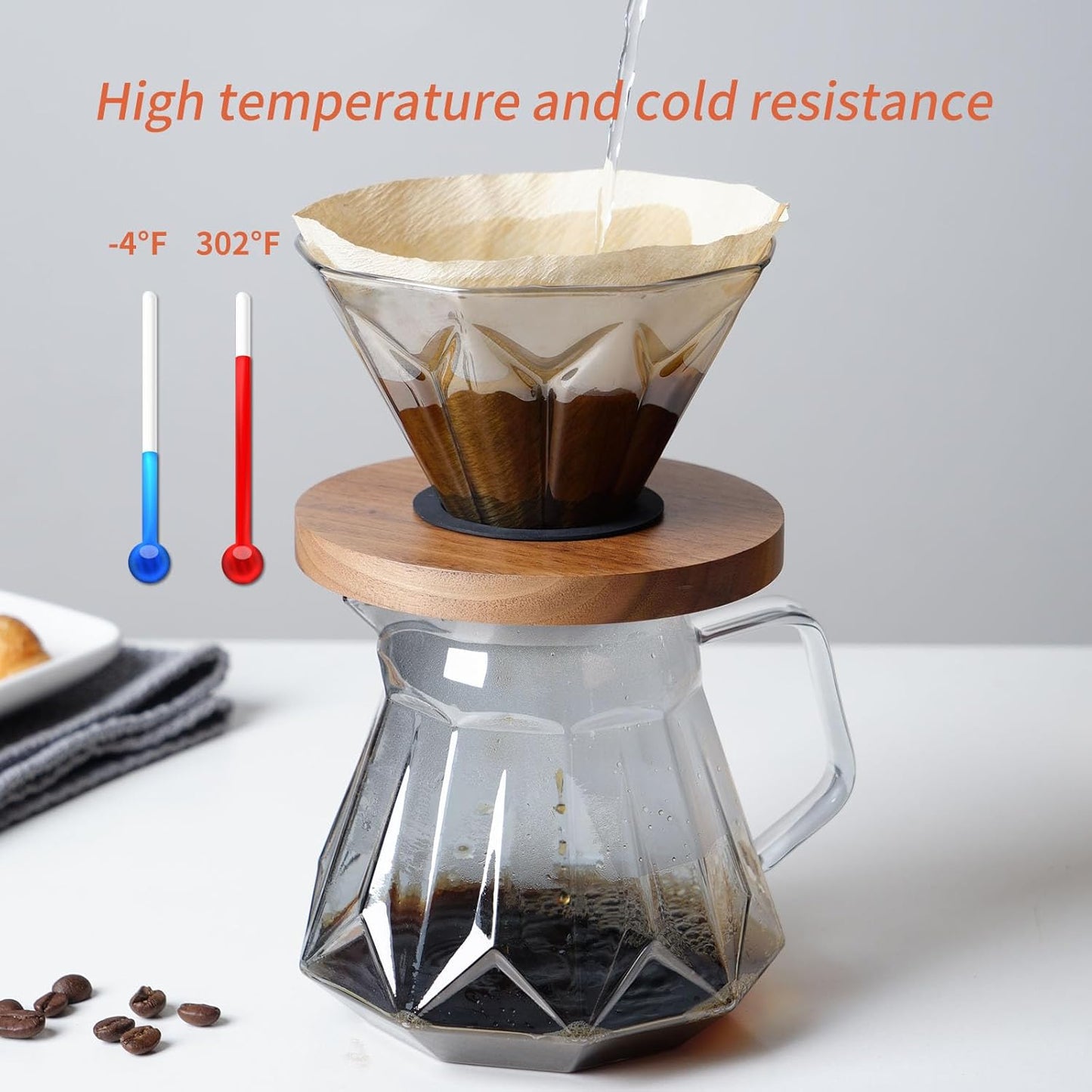 Pour Over Coffee Maker Set, 21 oz/620ml Glass Pour Over Coffee Dripper Filter Coffee Maker Kit Manual Grinder with Walnut Handle for Home Office Cafe Restaurant Camping (Grey)