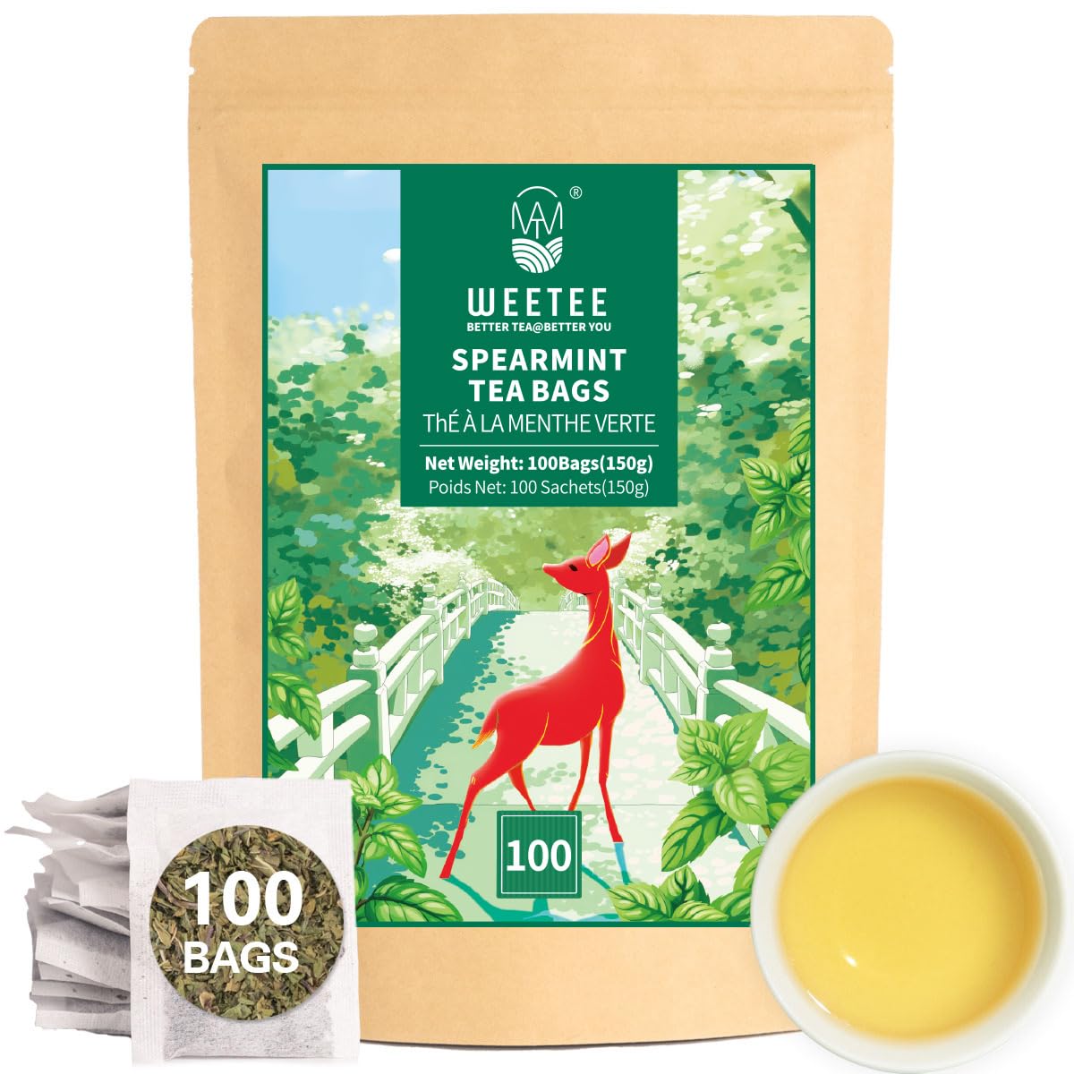 WT WEETEE Spearmint Tea Bags, Made with 100% Pure Spearmint Leaf, Natural Caffeine-free Herbal Tea, Refreshing & Smooth Mint Tea