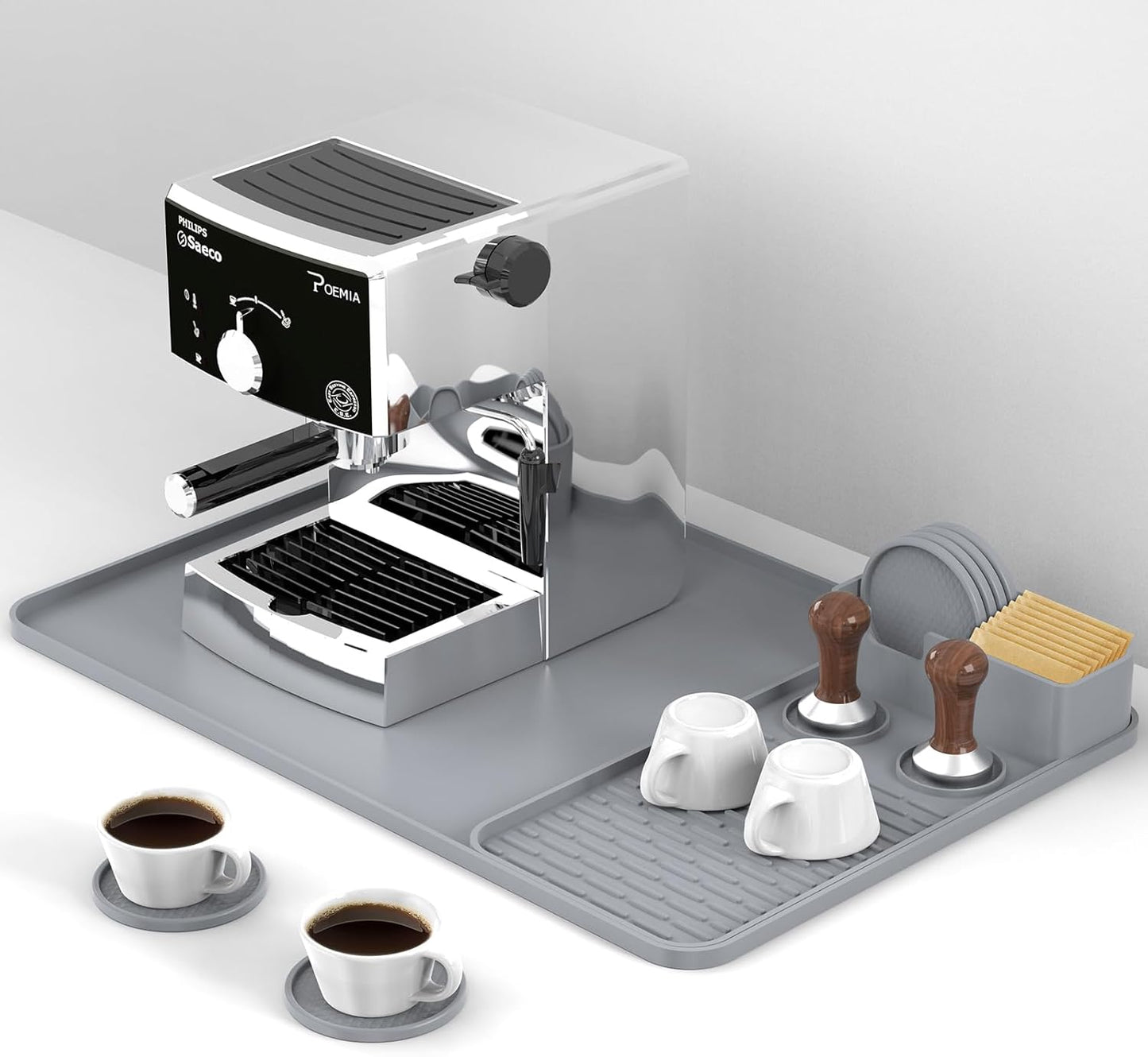 24''x16'' Silicone Coffee Mat with 6PCS Coasters,Counter Bar Mat with Detachable Dish Drying Mat for Kitchen Countertops,Coffee Bar Accessories (Grey, 24 x 16 inches)