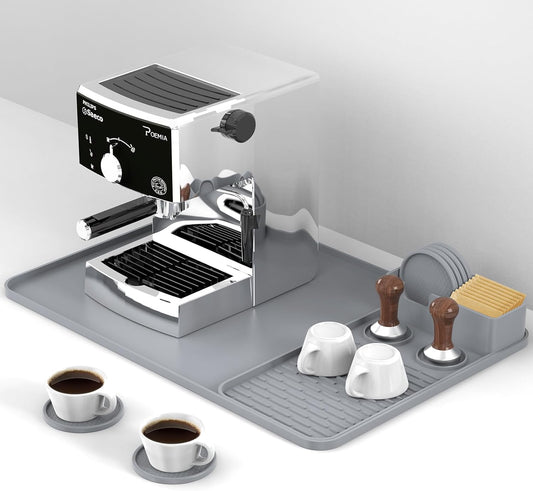 24''x16'' Silicone Coffee Mat with 6PCS Coasters,Counter Bar Mat with Detachable Dish Drying Mat for Kitchen Countertops,Coffee Bar Accessories (Grey, 24 x 16 inches)