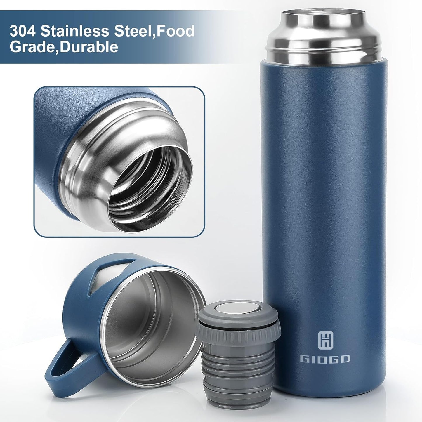 Stainless Steel Thermo 700ml/23.7oz Vacuum Insulated Bottle with Cup for Coffee Hot drink and Cold drink water flask.(Blue,Set)