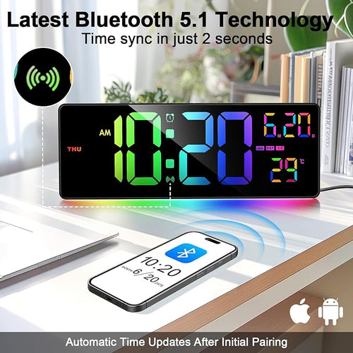 16" Bluetooth Large Digital Wall Clock/Auto Time Sync, 10 RGB Colors Digital - Image 2