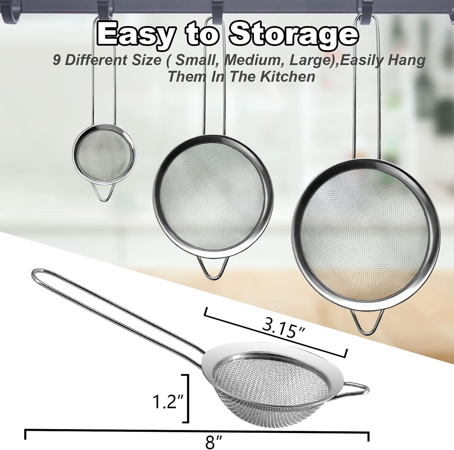 Anaeat Fine Mesh Strainers - Premium Stainless Steel Colander Sieve Sifters, with Durable Mesh and Sturdy Handle, Excellent for Sifting Dry ingredients, Flour, Pastas, Rice, Tea (3.15"）