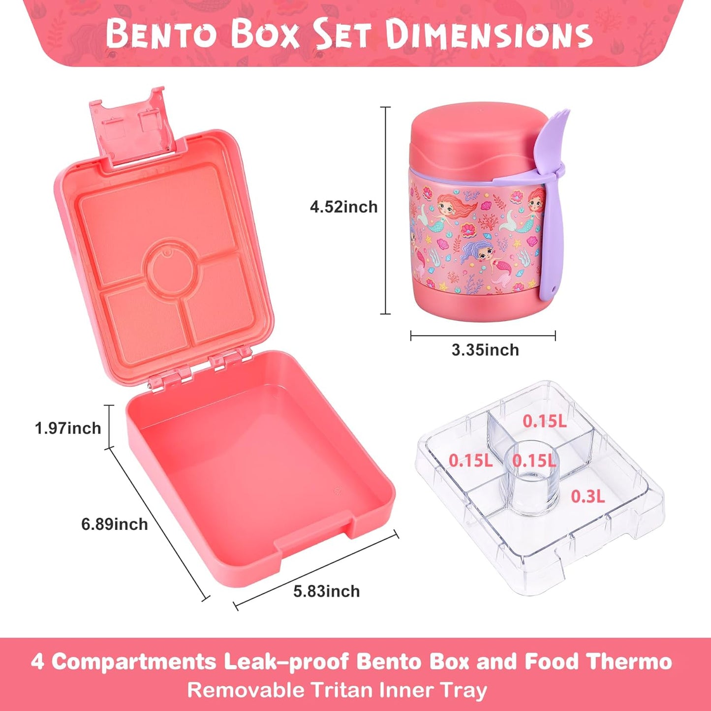 Bento Lunch Box Set With 10oz Soup Thermo, Leak-proof Lunch Containers with 4 Compartment, Kids Hot Thermo Food Jar/Insulation Lunch Bag, Food Containers for School（Mermaid）