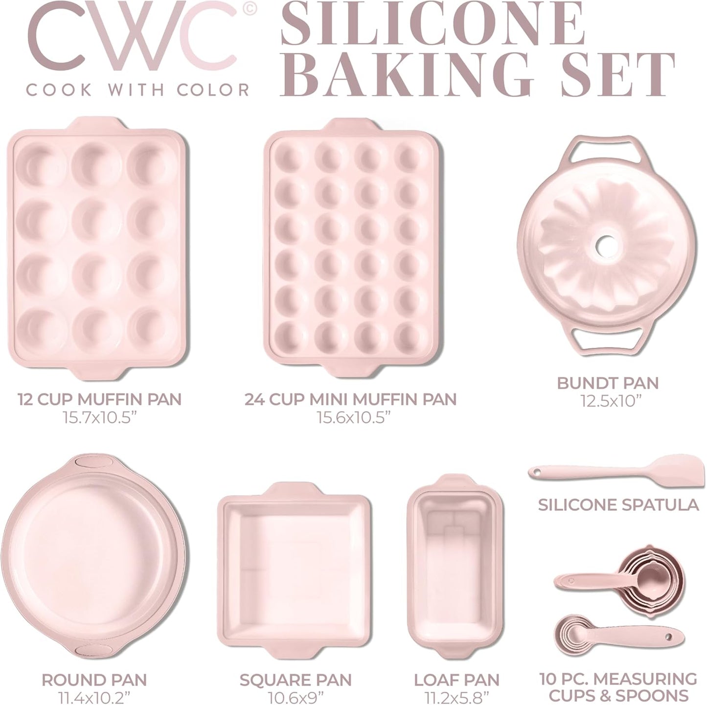 COOK WITH COLOR 17 Pc. Silicone Baking Pan Set - Non-Stick & Easy Clean Silicone Muffin Pans for Baking with Sturdy Metal Frame for Stability, Flexible Cake Molds, Includes Measuring Cups and Spoons