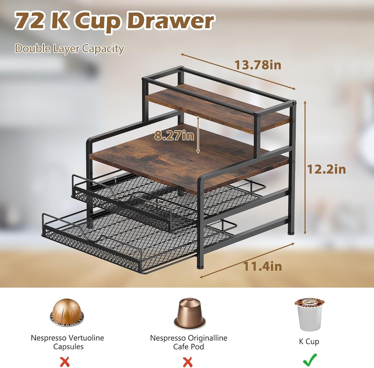 Coffee Bar Organizer, Coffee Pod Organizer,3 Tier Coffee Syrup Rack Organizer,72 K Cup Storage for Counter Storing K Cup,Coffee Syrups, Coffee Makers and Other Coffee Supplies-Rustic Brown