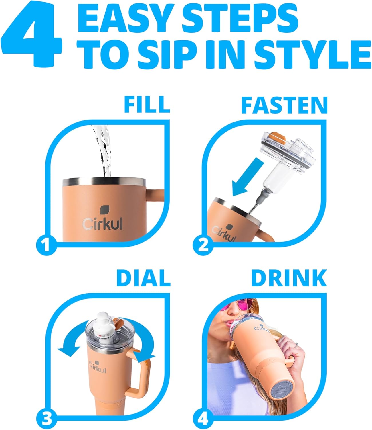 Cirkul 40oz Stainless Steel Insulated Tumbler Bundle in Apricot –Includes Flavor Cartridge Drink Mix Variety Pack, Zero Calories, No Sugar