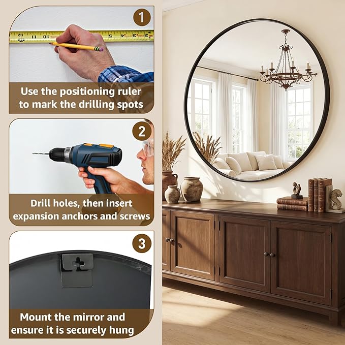 DUMOS 30 Inch Round Wall Mirror, Bathroom Mirror - Image 6