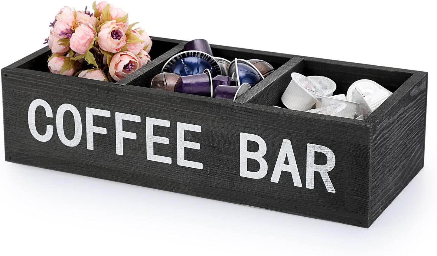 ELLDOO Coffee Bar Wooden Storage Box with Removable Grids, Station Organizer Pod Holder, Rustic Coffee Accessories for Counter, Farmhouse Kitchen, Black