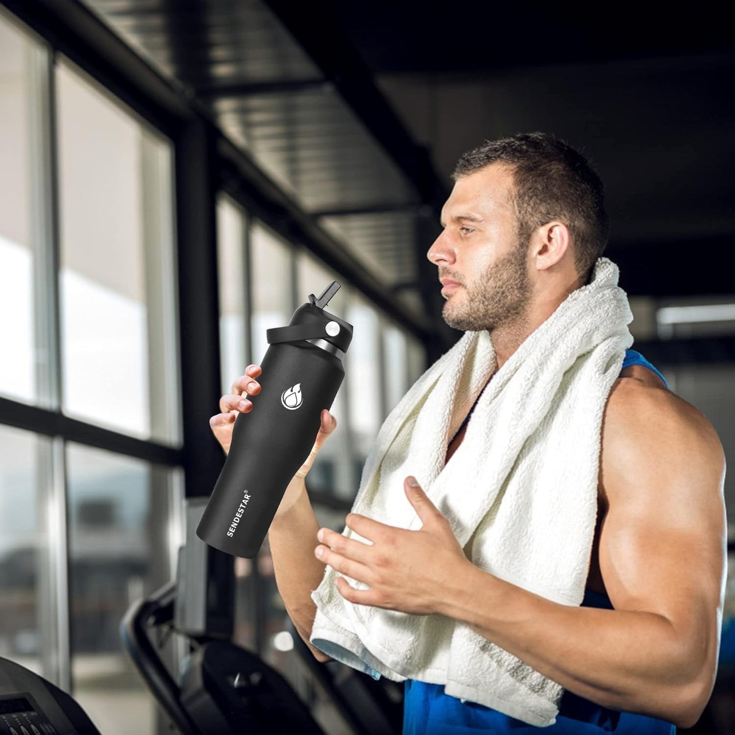 SENDESTAR 32oz Water Bottle Wide Mouth Stainless Steel Vacuum Insulated Double Wall with 2 Straw Lids Fit in Any Car Cup Holder TXIN-32-DN-1