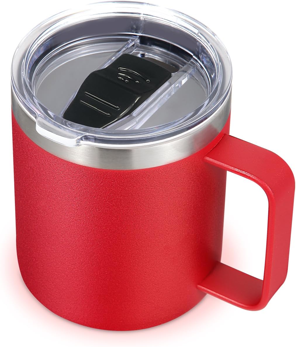Volhoply 14oz Insulated Stainless Steel Coffee Mug with Leakproof Lid,Double Wall Vacuum Travel Coffee Cup with Handle,Reusable Metal Cups Tumbler,Camping Mugs Keep Hot&Cold,Ideal Gifts(Red,1)