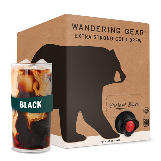 Wandering Bear Straight Black Organic Cold Brew Coffee On Tap, 128 fl oz (1 gallon) - Extra Strong, Bold, Smooth, Unsweetened, Shelf-Stable, Ready to Drink, 100% Organic Iced Cold Brewed Coffee Drinks