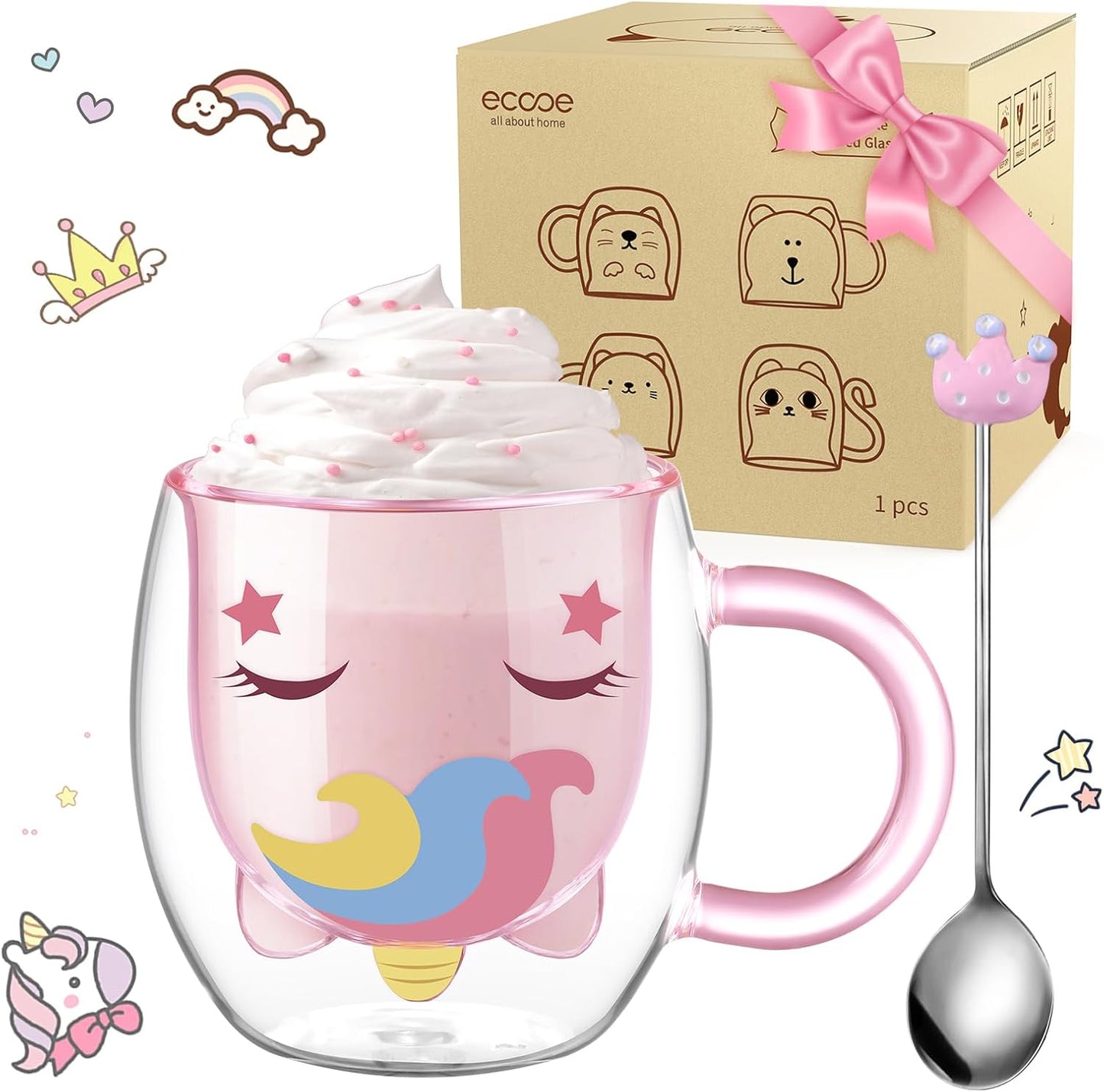 ecooe Cute Unicorn Mug Double Walled Glass Mug 9.4oz Coffee Cup Cappuccino Latte Glass Milk Tea Cup with Handle Spoon, Birthday Christmas Valentine's Day for Women Wife Mum Kids Friends Teachers