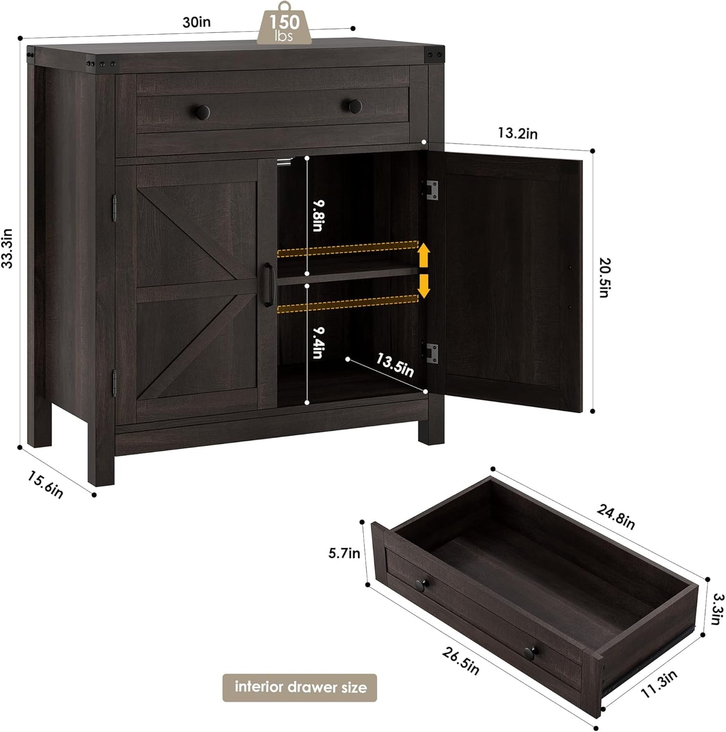 HOSTACK Coffee Bar Cabinet, Kitchen Storage Cabinet, Modern Farmhouse Buffet Sideboard with Drawer and Adjustable Shelf, Barn Door Accent Cabinets for Kitchen, Dining Room, Entryway, Dark Brown