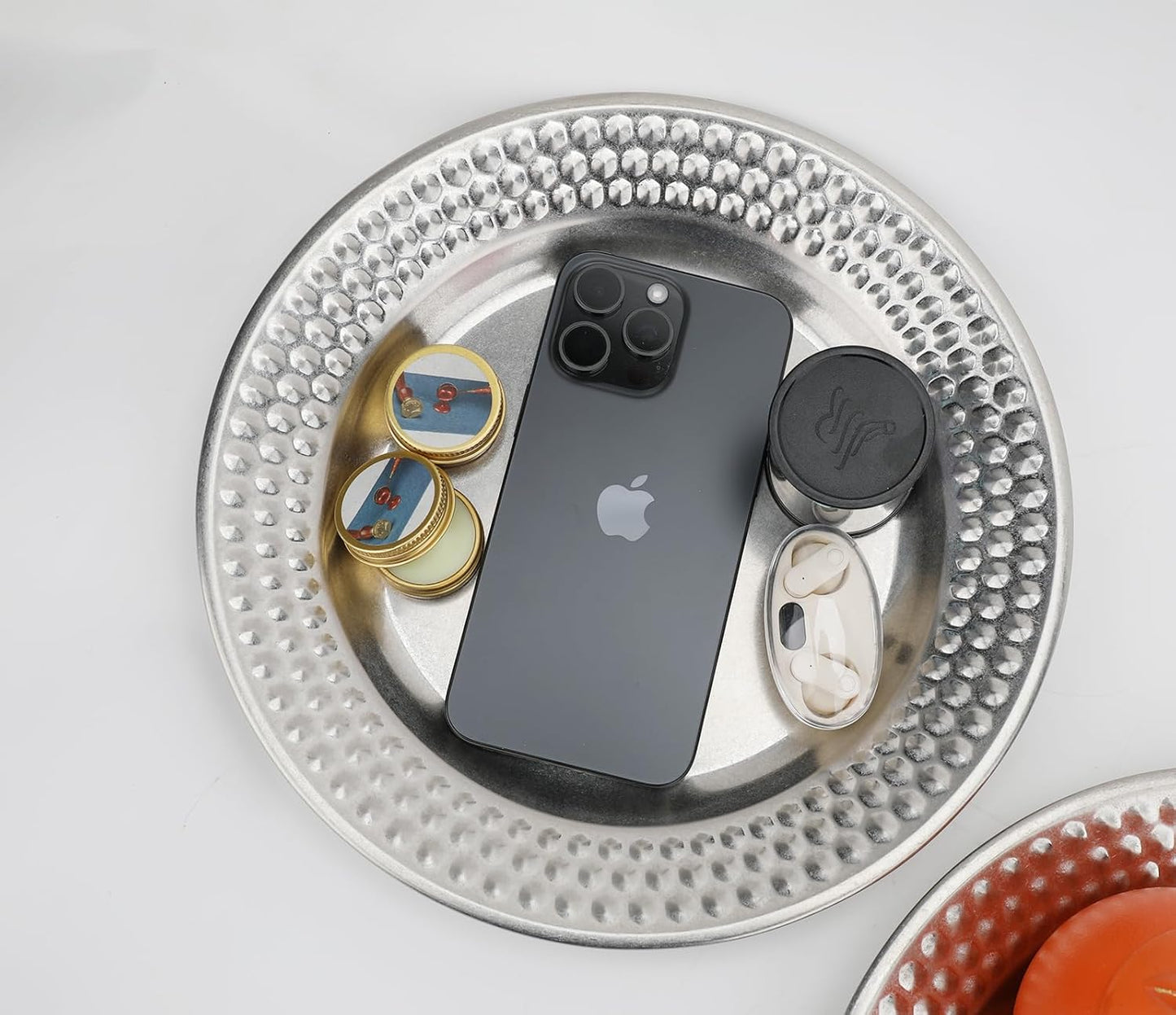 Fermus Set of 2 Round Vintage Metal Tray Diameter 10 1/4 inches, Jewelry Organizer Bathroom Clutter Rustic Decorative Trays Farmhouse Centerpiece for Coffee Table Living Room Kitchen Counter, (2 Pack)