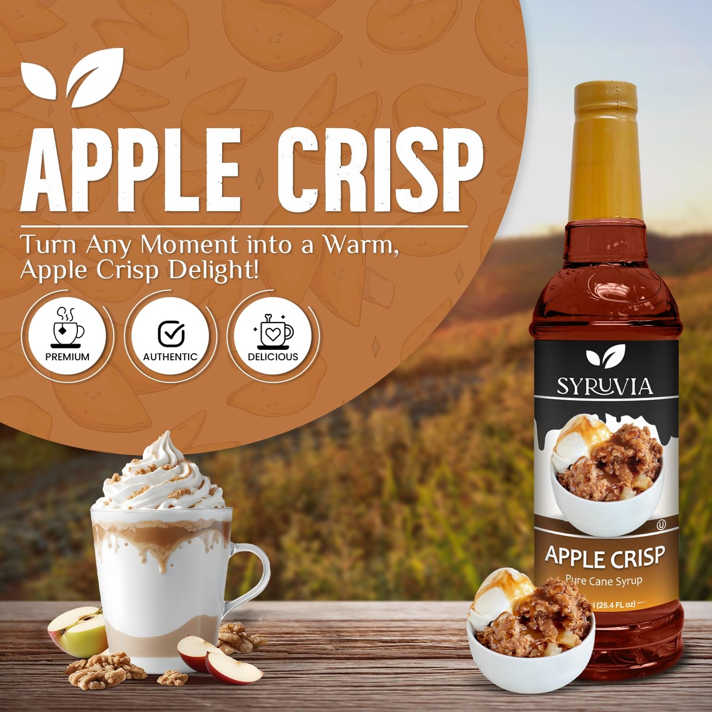 Syruvia Apple Crisp Coffee Syrup - 25.4 fl oz - Kosher Coffee Syrups, Gluten Free, No Coloring, Perfect for Drinks, Soda, Shakes, Desserts, and More.