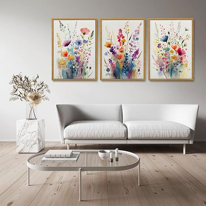 KISSFOX Framed Colorful Wildflower Canvas Wall Art Set Of 3 Flowers Pictures - Image 3