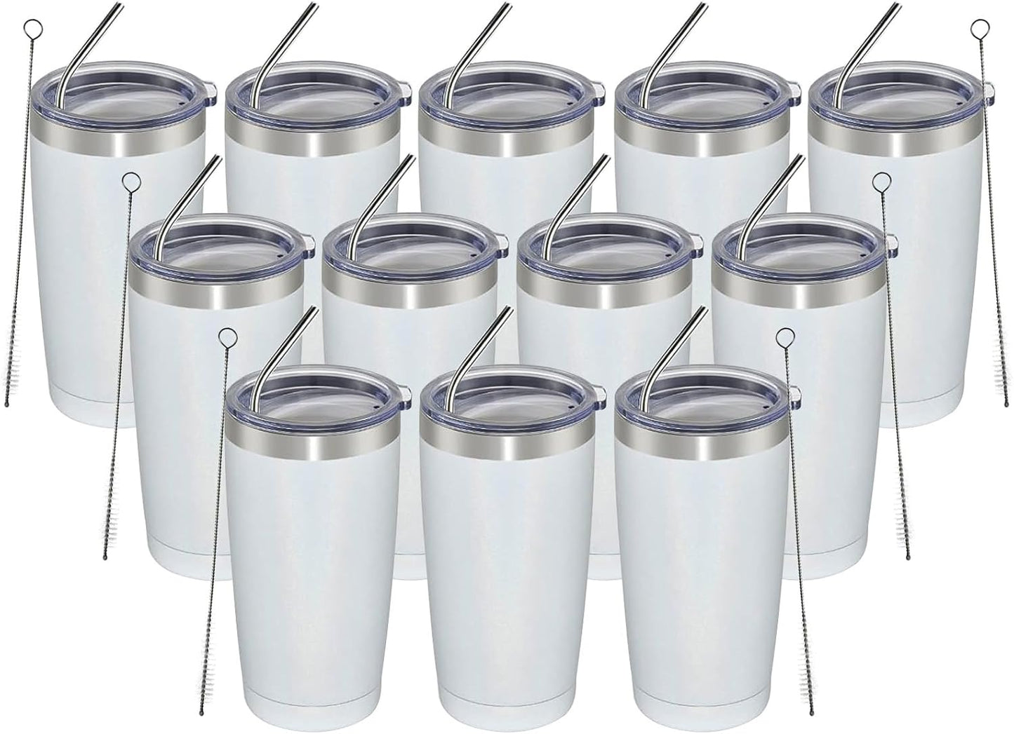 MEWAY 20oz Tumbler 12 Pack Double Wall Vacuum Insulated Travel Glitter Mug Bulk, Stainless Steel Tumblers with Lid and Straw, Powder Coated Coffee Cups for Woman(Rainbow White,Set of 12)