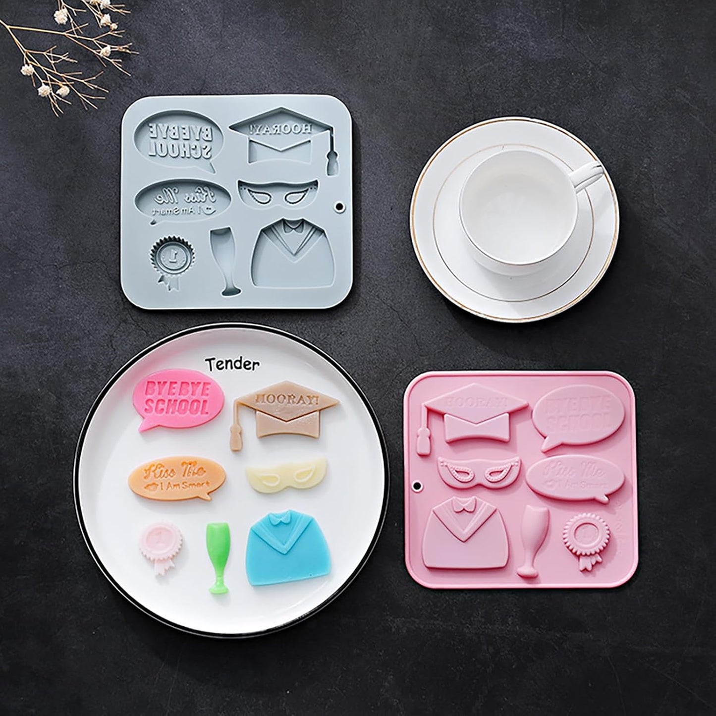 Graduation Chocolate Mold Set - Silicone Baking Molds with Cap, Gown, Champagne Flute & Diploma Phrases, Reusable Food-Grade for Commencement Cakes, Cupcakes & Party Treats - 2 Pack