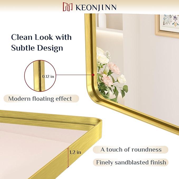 Keonjinn Gold Mirrors for Bathroom Sink, 30 x 36 Inch Rounded Rectangle Brushed - Image 3