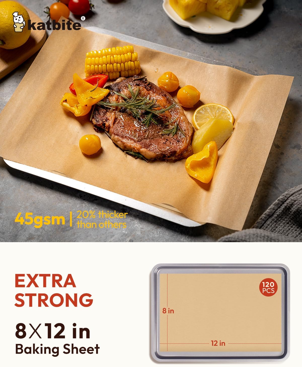 Katbite 120Pcs 8x12 inches Parchment Paper Sheets, Heavy Duty Unbleached Baking Paper, Pre-cut Parchment Paper for Baking, Air Fryer, Grilling, Steaming