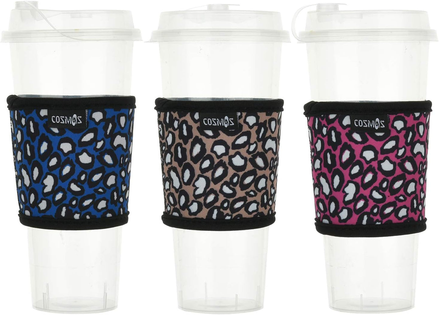 CM Reusable Coffee Mug Sleeve Cover Heat Resistant Neoprene Insulator Sleeve for Coffee Tea Hot Cold Beverage (Leo Print Patterns - Blue, Pink, Kakki - Pack of 3)