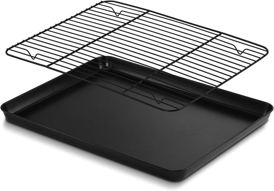 P&P CHEF Baking Oven Sheet Pan with Rack for Cookie, Nonstick Oven Tray and Cooling Rack for Baking & Roasting, Easy Clean, Black, 16 x 12 Inch