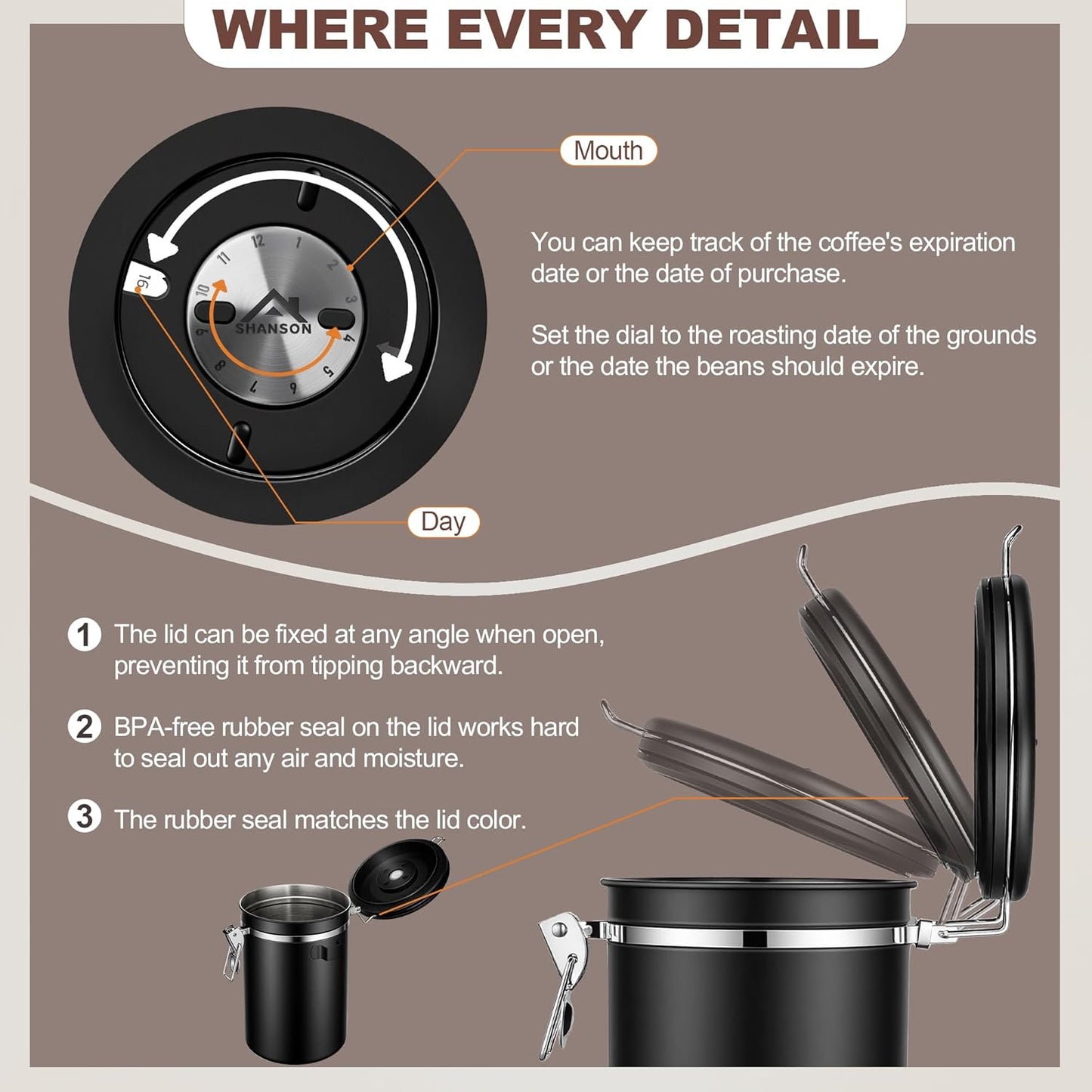 ShanSon Coffee Canister Airtight Coffee Container Stainless Steel Coffee Bean Storage Container with Scoop Coffee Canister for Beans Grounds Sugar Flour Tea Cereal,11OZ, Black