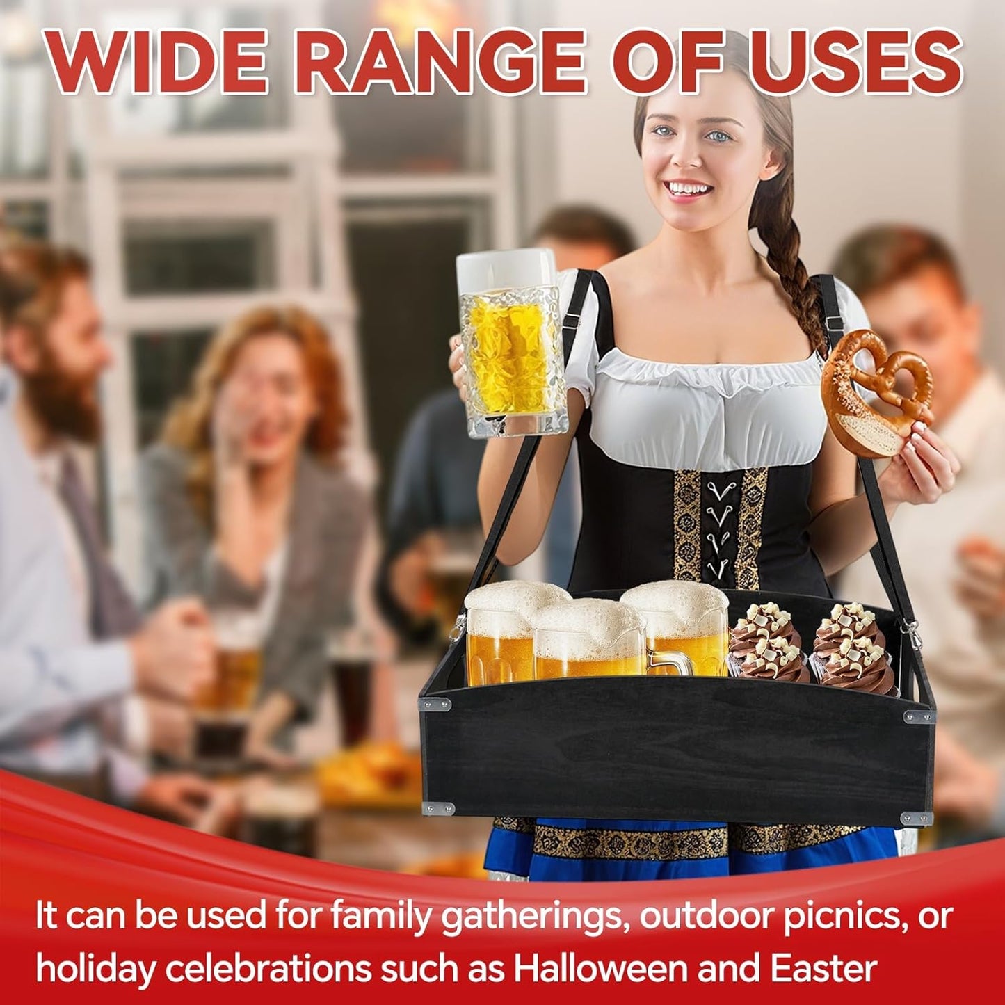 Large Halloween Wooden Snack Trays with Strap 22.8 x 15.8 x 5.9 Inch Movie Night Snack Trays Usherette Vendor Tray Popcorn Carrier Party Tray for 20's Theme Party Carnival Costume Supplies