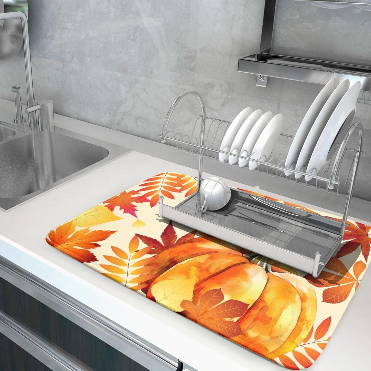 Autumn Pumpkin Maple Leaf Dish Drying Mat for Kitchen Counter,Thanksgiving Fall Holiday Drying Mat with Hanging Loop 18 x 24 Inch Microfiber Dish Drying Pad Dish Rack Drainer Mat for Coffee Bar