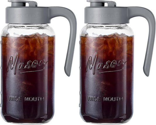 Mason Jar Pitcher - Airtight & Leakproof Glass Pitcher with Lid[set of 2], Perfect for Breastmilk, Cold Brew, and Sun Tea, 2 Quart (64 oz) Mason Jar with Pour Spout Lid