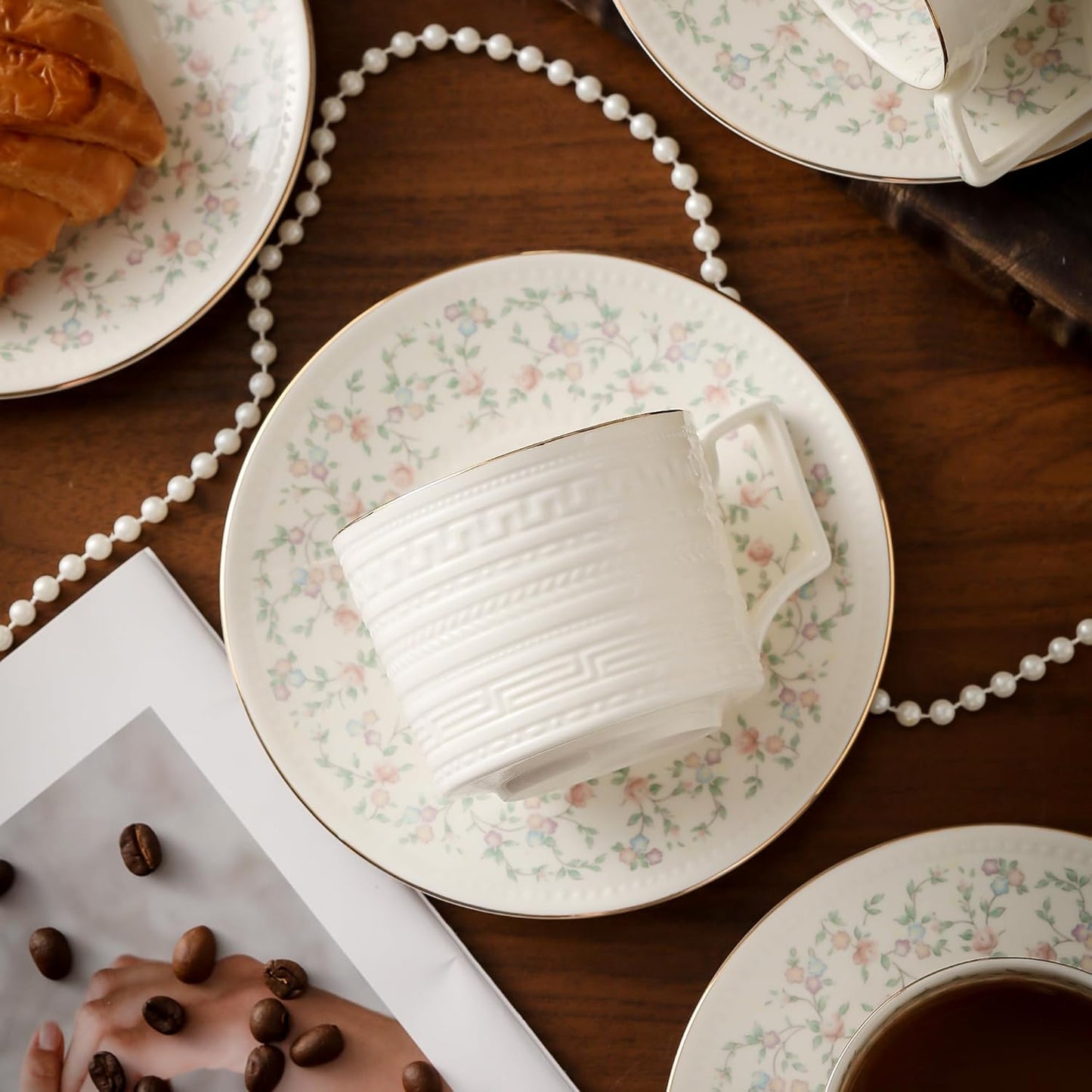 8.8 oz Cappuccino Cups with Saucers and Spoons,Embossed Bone China tea cups and Saucer Sets,3 Pieces, Vintage Style,Coffee Cup & Saucer Set For Women Wedding/Birthday/Christmas Gift