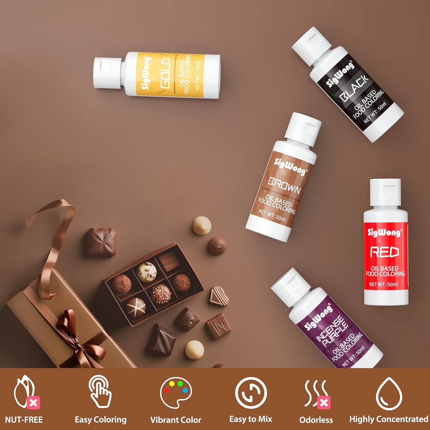 Oil Based Food Coloring for Chocolate - 50ml Brown Upgraded Edible Oil Based Food Dye for Cake Decorating, Baking, Candy Melts, Cookie, Icing Frosting, Fondant, Meringues - 1.69 Fl.Oz Bottles